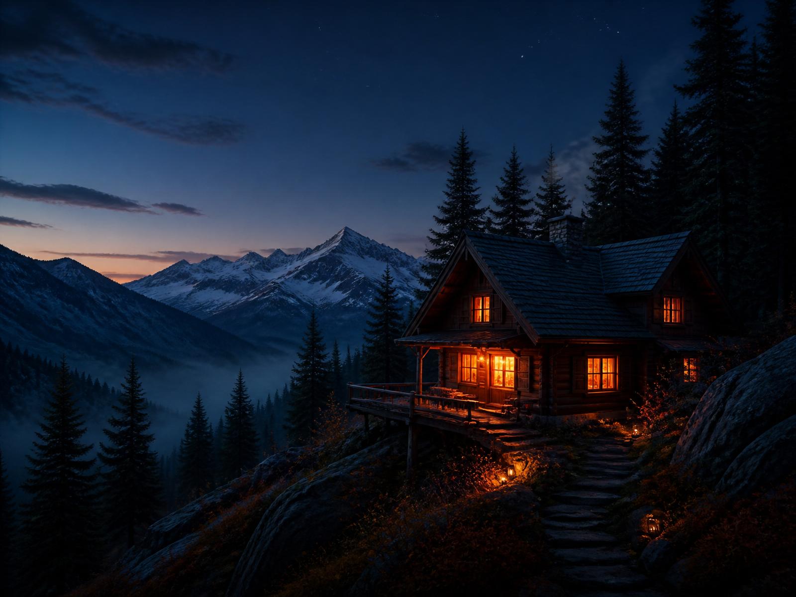 A modern mountain cabin lit from within at dusk, snow-covered peaks and pines behind it.