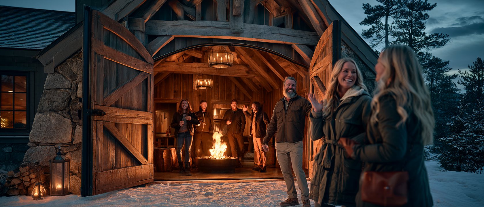 A man waving people in through the open doors of a lodge barn, a fire and gathered group inside